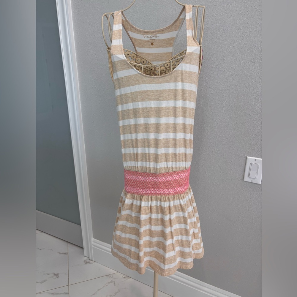 Lilly Pulitzer Size XS Tideline Heathered Sand Bar Striped Tan/White/Pink Dress